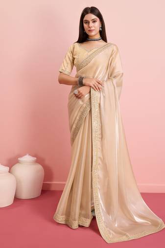 Soft tissue golden embroidered saree