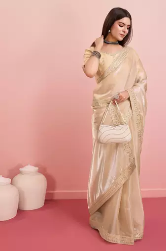Soft tissue golden embroidered saree