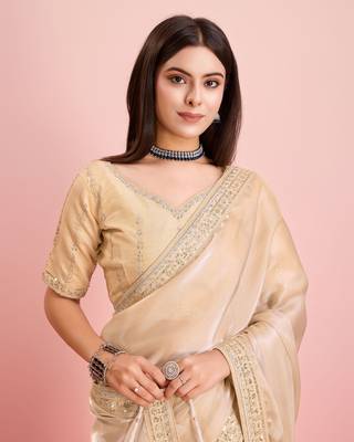 Soft tissue golden embroidered saree 4