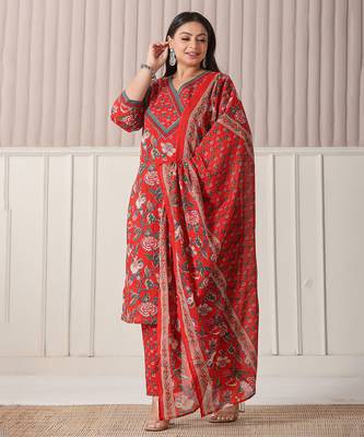 red floral print cotton cutdana work plus size kurta set with pant & dupatta 1