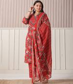 red floral print cotton cutdana work plus size kurta set with pant & dupatta