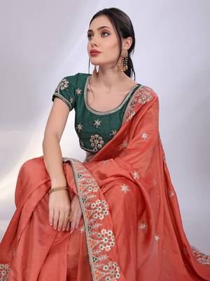 Rust orange art silk saree with embroidered border 3