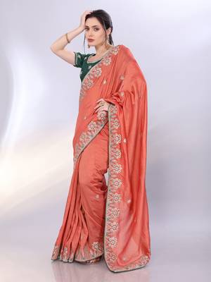 Rust orange art silk saree with embroidered border 1