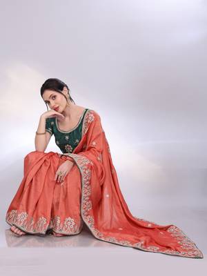 Rust orange art silk saree with embroidered border 5