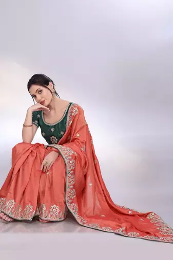 Rust orange art silk saree with embroidered border