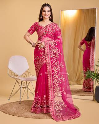 Rani pink soft net embroidered saree 1