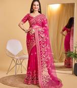 Rani pink soft net embroidered saree