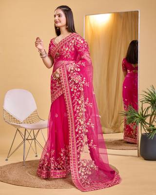 Rani pink soft net embroidered saree 2