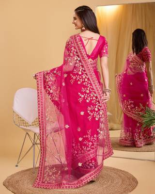 Rani pink soft net embroidered saree 3