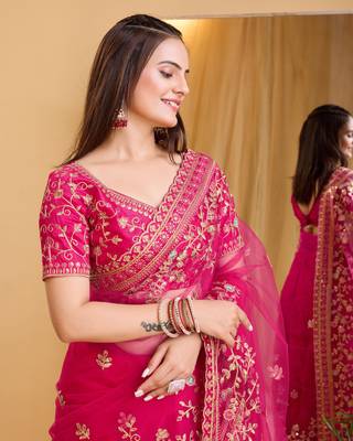 Rani pink soft net embroidered saree 4