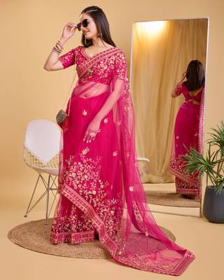 Rani pink soft net embroidered saree 5