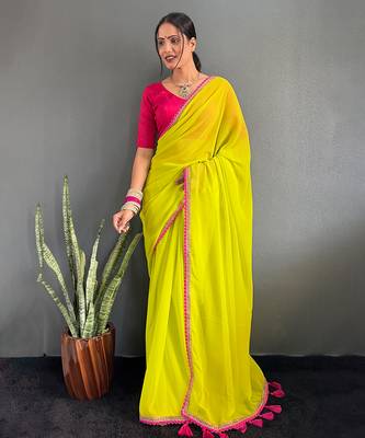 Neon yellow georgette saree with pink border 1