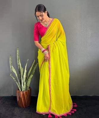 Neon yellow georgette saree with pink border 4