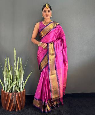 Magenta & navy blue cotton silk saree 1