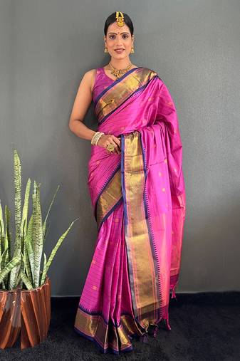 Magenta & navy blue cotton silk saree