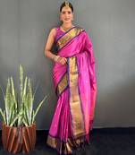 Magenta & navy blue cotton silk saree
