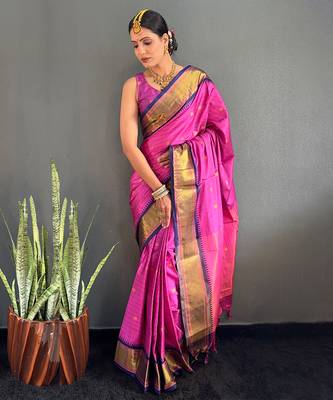 Magenta & navy blue cotton silk saree 2