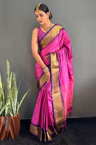Magenta & navy blue cotton silk saree