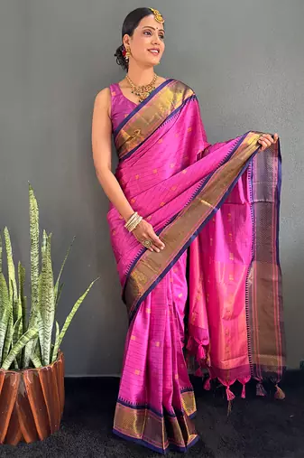 Magenta & navy blue cotton silk saree