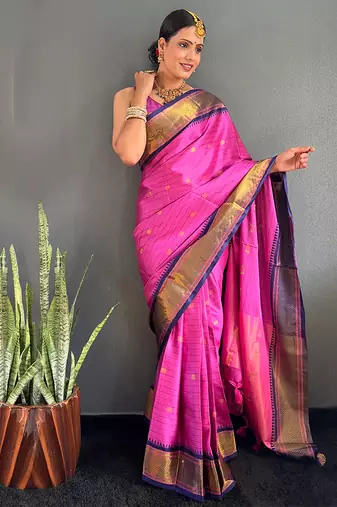 Magenta & navy blue cotton silk saree