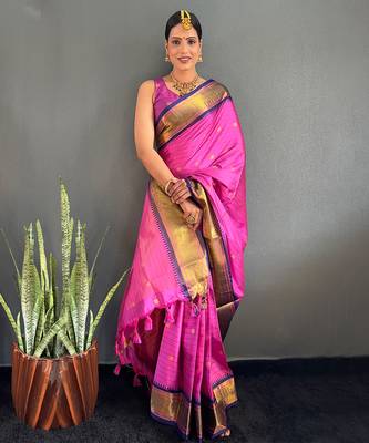 Magenta & navy blue cotton silk saree 5