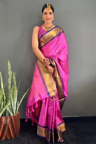 Magenta & navy blue cotton silk saree