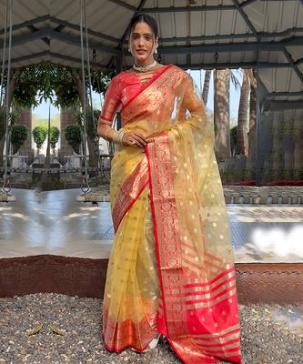 Golden yellow & red organza silk saree 1