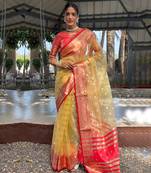 Golden yellow & red organza silk saree