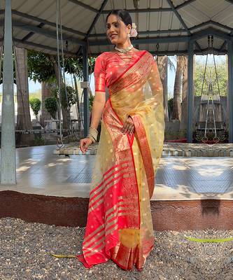 Golden yellow & red organza silk saree 2