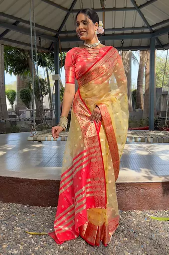 Golden yellow & red organza silk saree