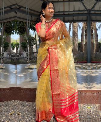 Golden yellow & red organza silk saree 3