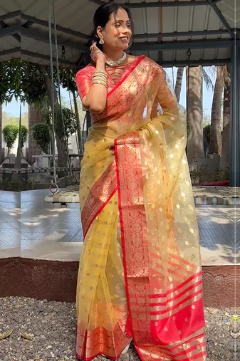 Golden yellow & red organza silk saree