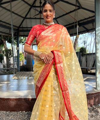 Golden yellow & red organza silk saree 4
