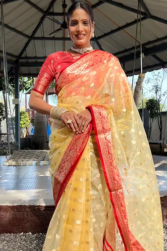 Golden yellow & red organza silk saree