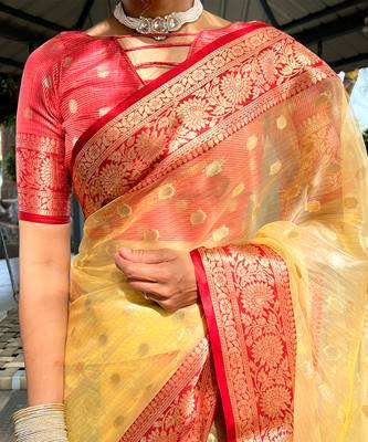 Golden yellow & red organza silk saree 5