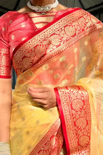 Golden yellow & red organza silk saree