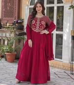 Pink georgette embroidered flared gown with dupatta