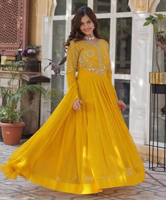 Yellow georgette embroidered flared gown with dupatta 1