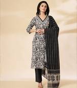 black pure cotton floral,sequins work kurta dupatta pant set