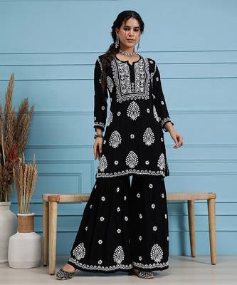 Hand embroidered black modal lucknowi chikankari garara set 1