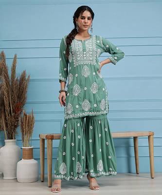 Hand embroidered green modal lucknowi chikankari garara set 1