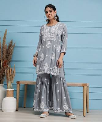 Hand embroidered grey modal lucknowi chikankari garara set 1
