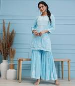 Hand embroidered sky blue modal lucknowi chikankari garara set
