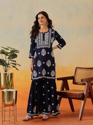 Hand embroidered navy blue modal lucknowi chikankari garara set 1