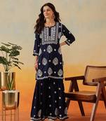 Hand embroidered navy blue modal lucknowi chikankari garara set