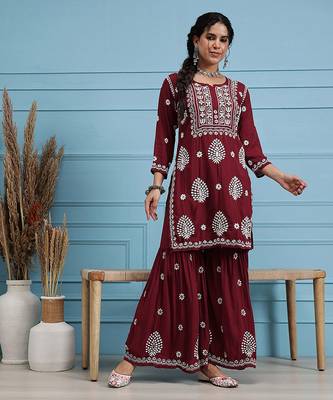 Hand embroidered maroon modal lucknowi chikankari garara set 1
