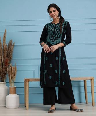 Hand embroidered black cotton lucknowi chikankari straight kurta 1
