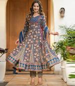 Multi color printed cotton anarkali ,pant dupatta set