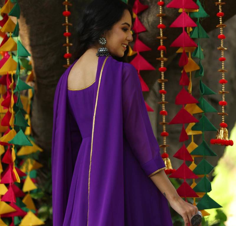 Purple Georgette Gota Lace Work Anarkali suit with Pant & Dupatta  Set 
