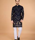 Navy blue pure viscose rayon embroidered sequence work kurta